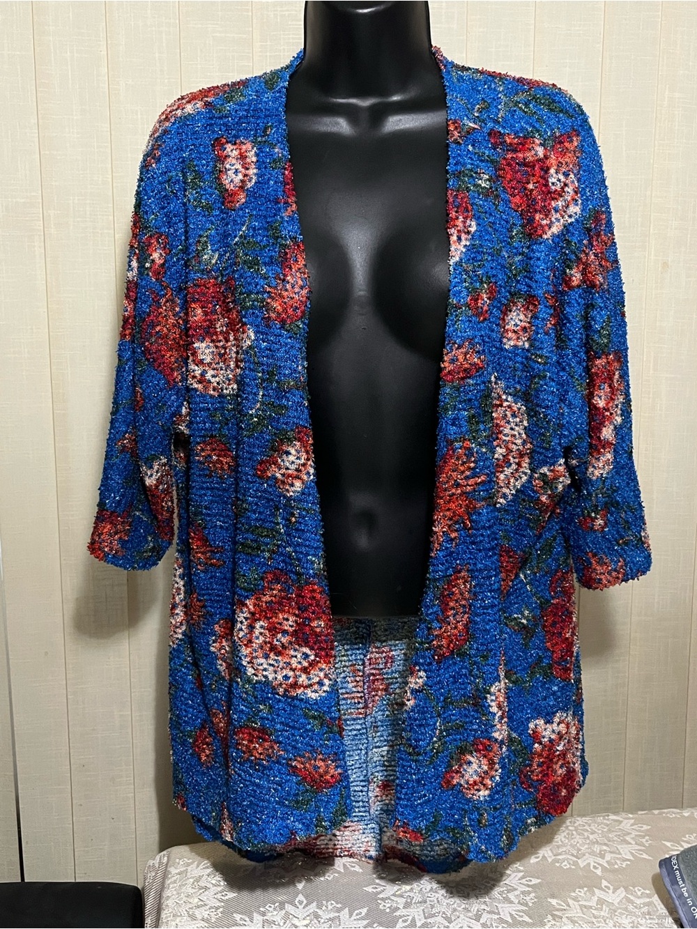 Lularoe Oversized Blue Floral Open-Front Bouclé High Low Cardigan Like New!